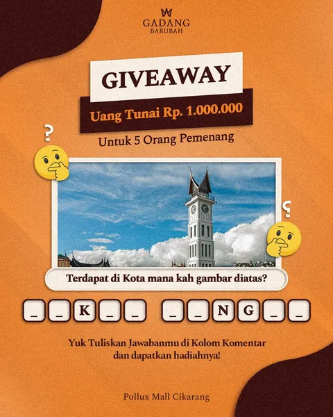 🎉✨ GIVEAWAY ALERT! ✨🎉

Kira-kira, kamu tahu nggak kota asal Jam Gadang yang ikonik ini? 🤔
Petunju