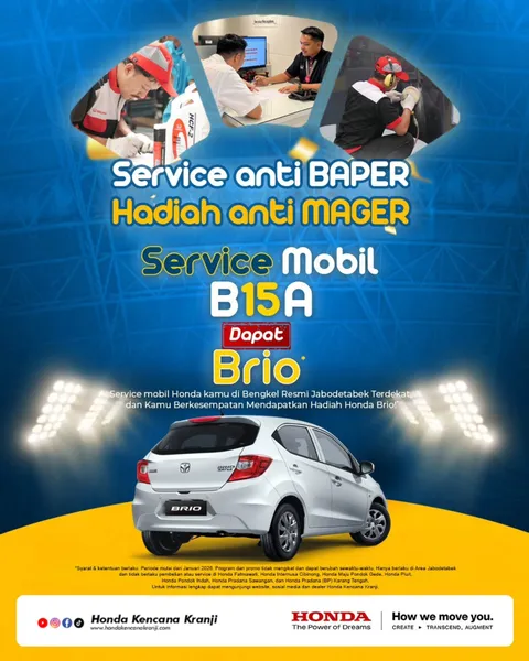 Tidak ada lagi alasan mager servis, karena servis mobil BISA dapat Brio!
Service mobil Honda kesaya